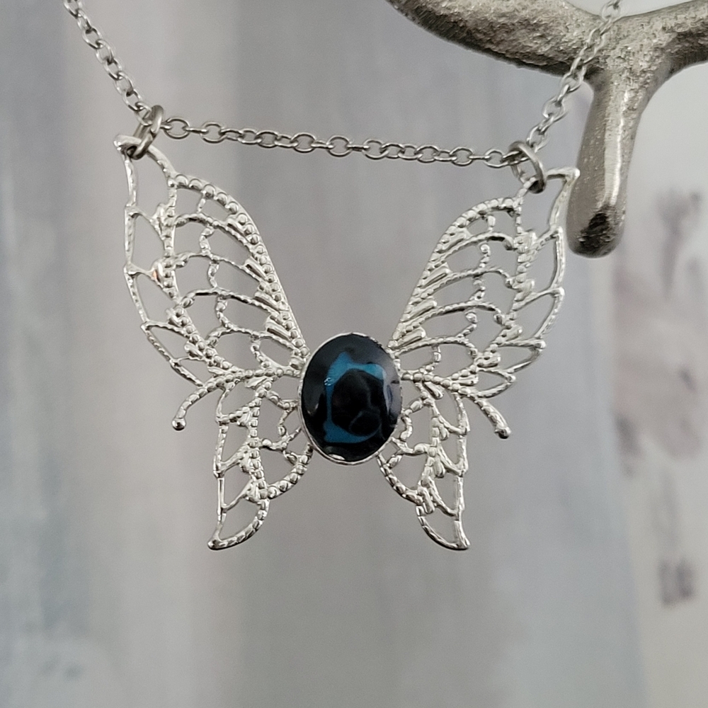 Butterfly Blue Multitonal Blue Center Accent On Silver-tone Butterfly Necklace - Picture 6 of 12